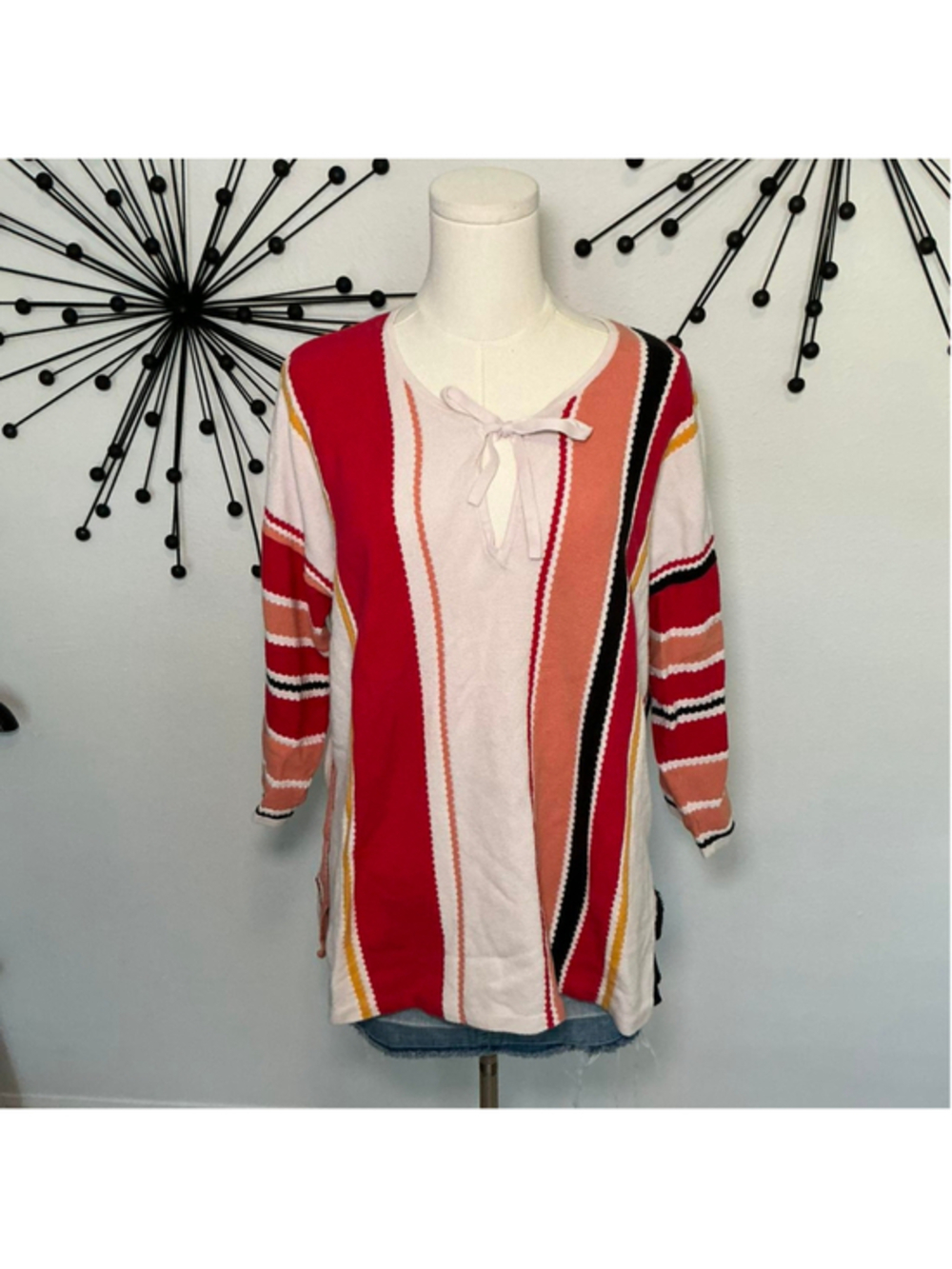 LOFT striped knit sweater top pink red peach tie front boho size XL